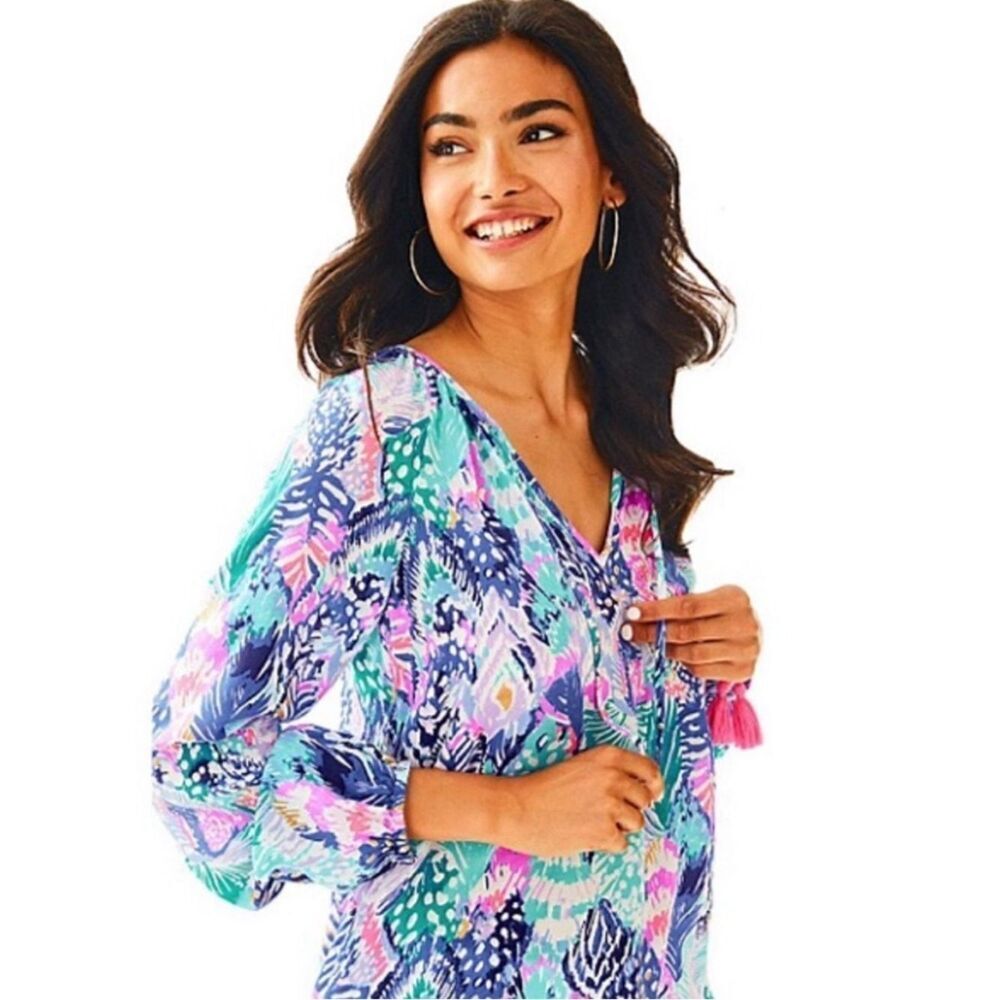 Lilly Pulitzer Willa Top Blouse Blue Gold Metallic Quill Out  Womens Small